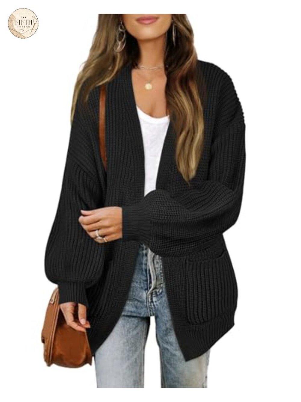 Oversized Lantern Sleeve Ribbed Knit Open Front Cardigan Sweater